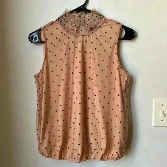 Banana Republic NWT Pink Mesh Top XS Black Polka Dots Button Neck Office Attire - Picture 1 of 13